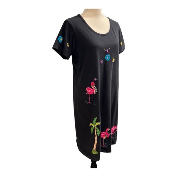 Pushpa TShirt Dress Women M Black Embroidered Beaded Flamingo Palm Tree Vacation - Picture 2 of 8